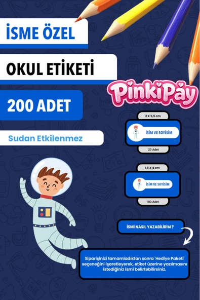İsim Yazılabilir Astronot Temalı Okul Etiketi – Kalem & Defter İçin 200 Adet ürün görseli 1