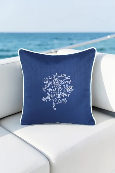 Kırlent Kılıfı 45x45 Marin Nakışlı Yosun Desen Su İtici Outdoor Keten Beyaz Biyeli Tekne Bahçe ürün görseli 1