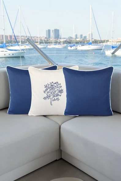 Kırlent Kılıfı 45x45 3'lü Marin Set Nakışlı + Düz Su İtici Outdoor Keten Tekne Bahçe ürün görseli 1