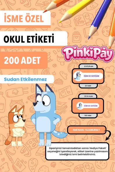 İsim Yazılabilir Bluey Temalı Kişiye Özel Okul Etiketi – Kalem & Defter İçin 200 Adet ürün görseli 1