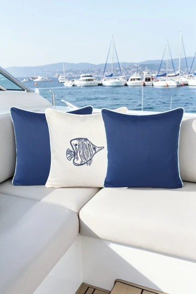 Kırlent Kılıfı 45x45 3'lü Marin Set Nakışlı + Düz Su İtici Outdoor Keten Tekne Bahçe ürün görseli 1