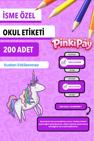 İsim Yazılabilir Eğlenceli Unicorn Temalı Okul Etiketi – Kalem & Defter İçin 200 Adet ürün görseli 1