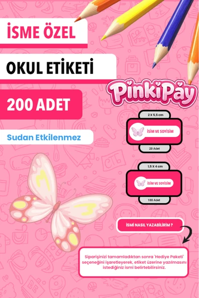 İsim Yazılabilir Sevimli ve Güzel Kelebekler Temalı Okul Etiketi – Kalem & Defter İçin 200 Adet ürün görseli 1