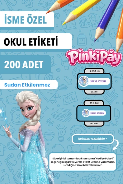 İsim Yazılabilir Elsa Temalı Kişiye Özel Okul Etiketi – Kalem & Defter İçin 200 Adet ürün görseli 1
