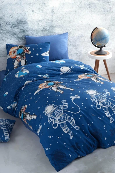 Karden Flower Astronaut Ranforce Pamuklu Tek Kişilik Nevresim Seti Mavi - Çarşafsız ürün görseli 1