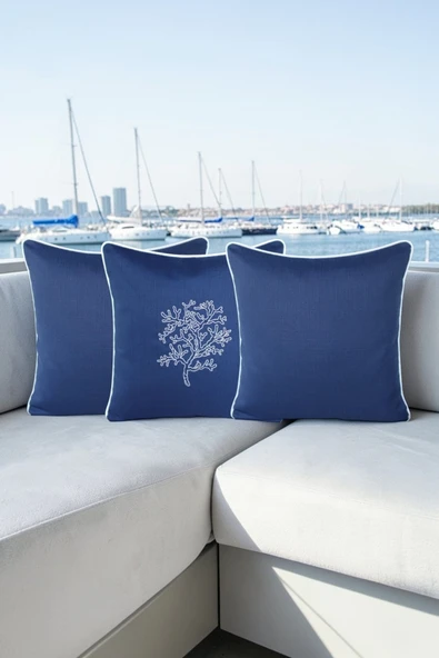 Kırlent Kılıfı 45x45 3'lü Set Marin Nakışlı Yosun Desen Su İtici Outdoor Keten Tekne Bahçe ürün görseli 1