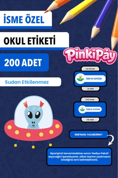İsim Yazılabilir Sevimli Uzaylılar Temalı Okul Etiketi – Kalem & Defter İçin 200 Adet ürün görseli 1