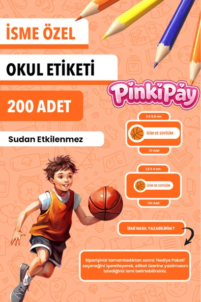 İsim Yazılabilir Basketbol Temalı Okul Etiketi – Kalem & Defter İçin 200 Adet ürün görseli 1