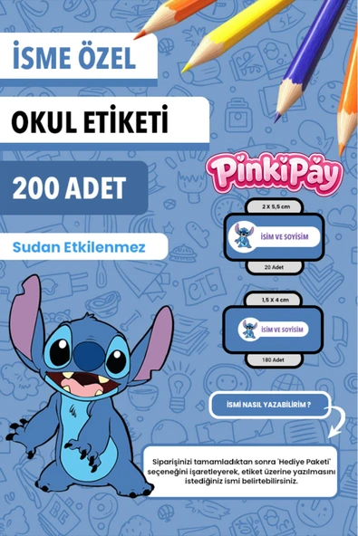 İsim Yazılabilir Stitch Temalı Kişiye Özel Okul Etiketi – Kalem & Defter İçin 200 Adet ürün görseli 1