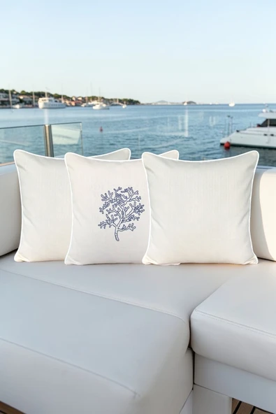 Kırlent Kılıfı 45x45 3'lü Set Marin Nakışlı Yosun Desen Su İtici Outdoor Keten Tekne Bahçe ürün görseli 1