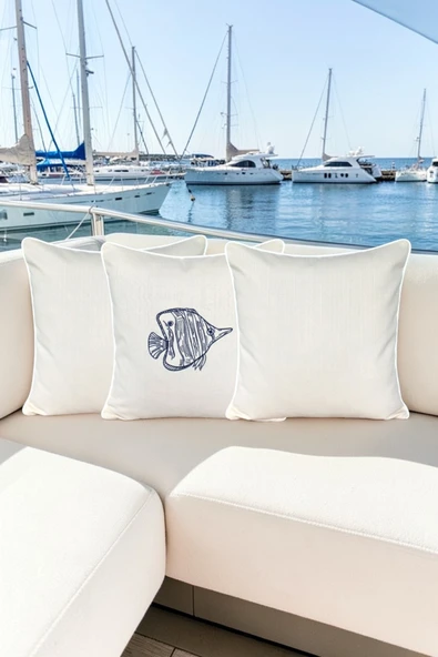 Kırlent Kılıfı 45x45 3'lü Set Marin Nakışlı Balık Desen Su İtici Outdoor Keten Tekne Bahçe ürün görseli 1