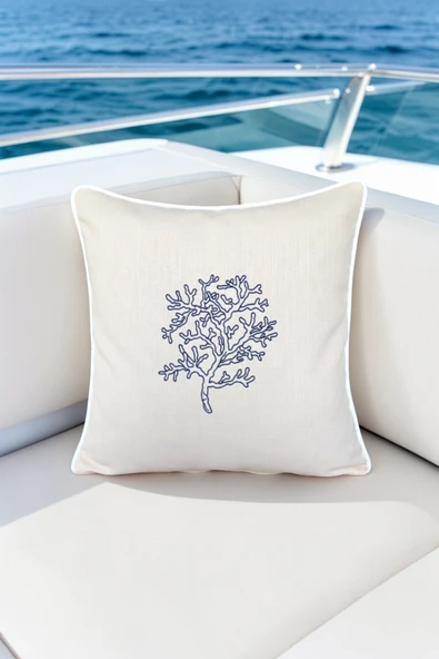 Kırlent Kılıfı 45x45 Marin Nakışlı Yosun Desen Su İtici Outdoor Keten Beyaz Biyeli Tekne Bahçe ürün görseli 1