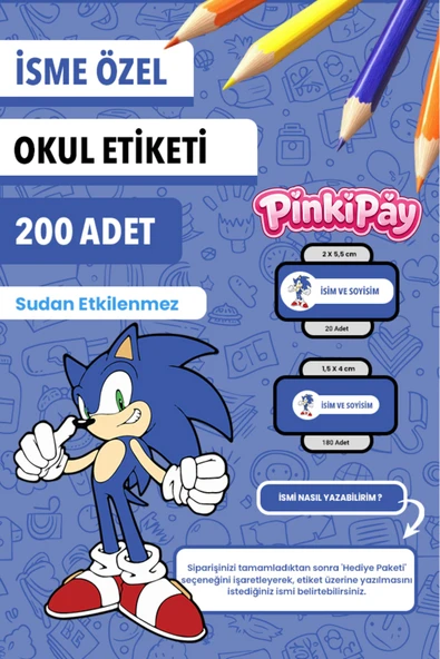 İsim Yazılabilir Sonic Temalı Kişiye Özel Okul Etiketi – Kalem & Defter İçin 200 Adet ürün görseli 1
