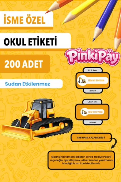 İsim Yazılabilir İş Makineleri Temalı Okul Etiketi Kalem & Defter İçin 200 Adet (Farklı Figür 1) ürün görseli 1