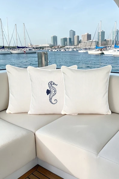 Kırlent Kılıfı 45x45 3'lü Set Marin Nakışlı Deniz Atı Desen Su İtici Outdoor Keten Tekne Bahçe ürün görseli 1