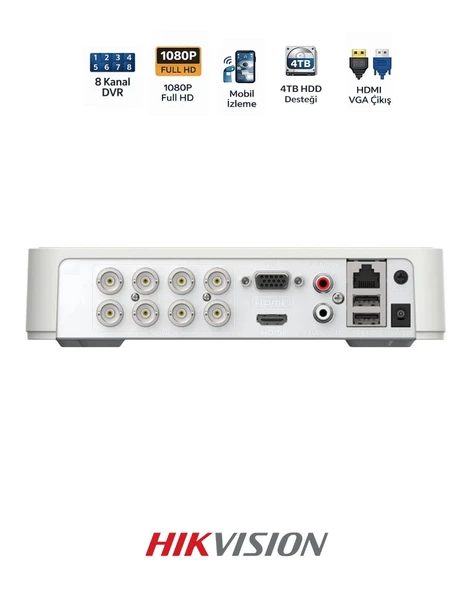 Hikvision DS-7108HGHI-M1 8 Kanal DVR 10 IP Kamera Destekli Kayıt Cihazı ürün görseli 1