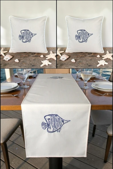 Marin Nakışlı Runner 145x40 ve 45x45 Kırlent Seti Balık Desen Su İtici Outdoor Keten Tekne Bahçe ürün görseli 1