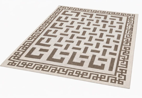 Pamuklu Bukle Lüks Kilim (140x200)-Labirent Kreme Kahve ürün görseli 1
