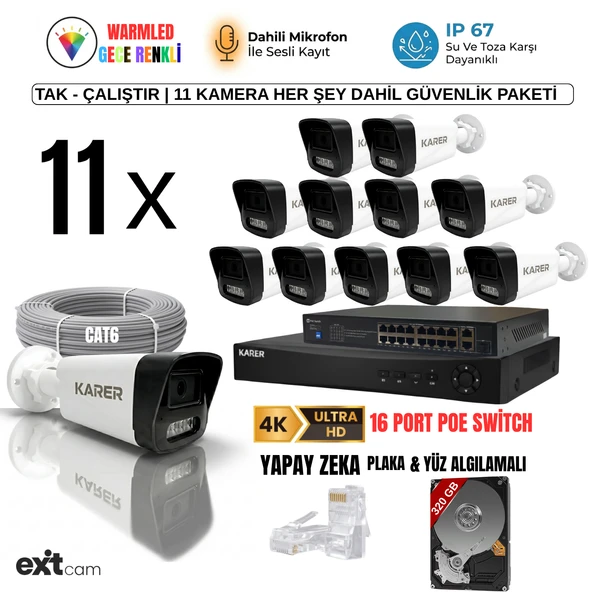 11'lİ IP KAMERA-POELİ-5MP-ULTRA HD-4K 1920 ÇÖZÜNÜRLÜK-SESLİ-GECE RENKLİ GÖRÜŞ-İNSAN ve PLAKA ALGILAMALI SET ürün görseli 1