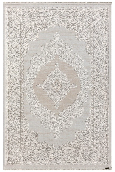 Truva 8342 Krem Halı Bej Detaylı Kalın Akrilik Tozuaz Modern Klasik Salon Halısı Koridor 133 X 190 KREM ürün görseli 1