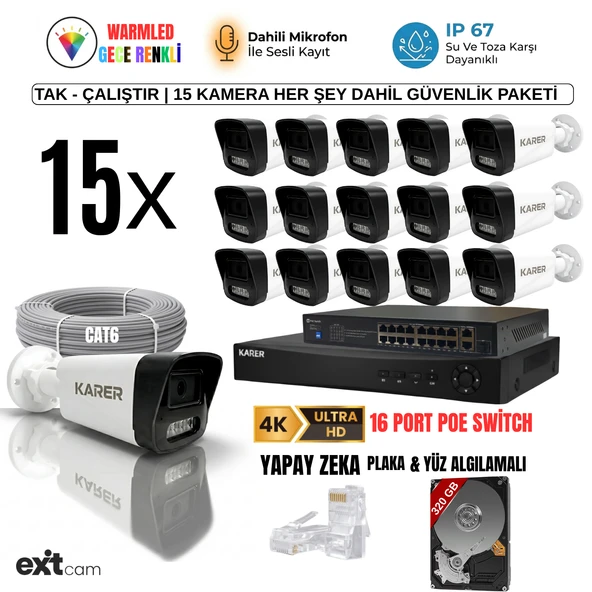 15'li IP KAMERA-POELİ-5MP-ULTRA HD-4K 1920 ÇÖZÜNÜRLÜK-SESLİ-GECE RENKLİ GÖRÜŞ-İNSAN ve PLAKA ALGILAMALI SET ürün görseli 1