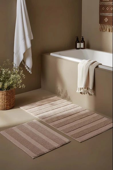 Bej Kabartmalı Çizgili 2’li Banyo & Klozet Paspas Takımı ürün görseli 1