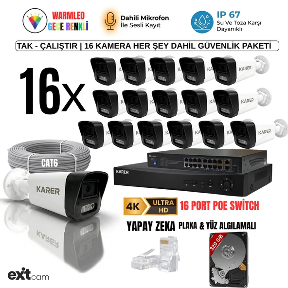 16'lı IP KAMERA-POELİ-5MP-ULTRA HD-4K 1920 ÇÖZÜNÜRLÜK-SESLİ-GECE RENKLİ GÖRÜŞ-İNSAN ve PLAKA ALGILAMALI SET ürün görseli 1