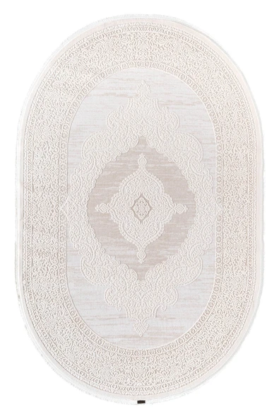 Truva 8342 Oval Krem Halı Bej Kalın Akrilik Tozuaz Modern Klasik Oval Salon Halısı Koridor 80 X 300 O KREM ürün görseli 1