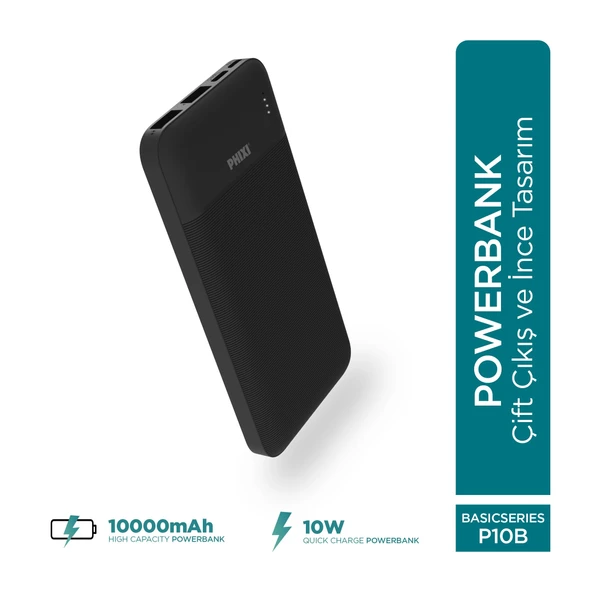 Phixi Basic P10 10000mAh Powerbank 10W - 2 Port LED Gösterge - Taşınabilir Şarj Cihazı ürün görseli 1