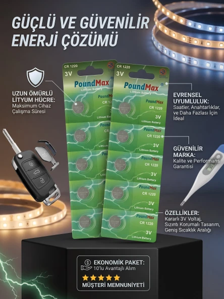 10 x PoundMax 1220 CR1220 DL1220 3V Lithium Coin Cell Batteries ürün görseli 1