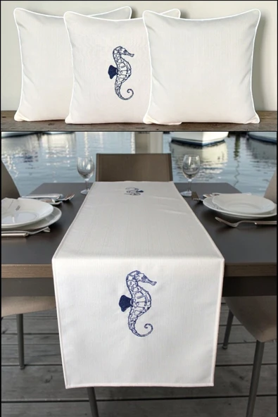 Kırlent Kılıfı 45x45 3'lü Set + 145x40 Runner Marin Nakışlı Deniz Atı Desen Su İtici Outdoor Keten ürün görseli 1