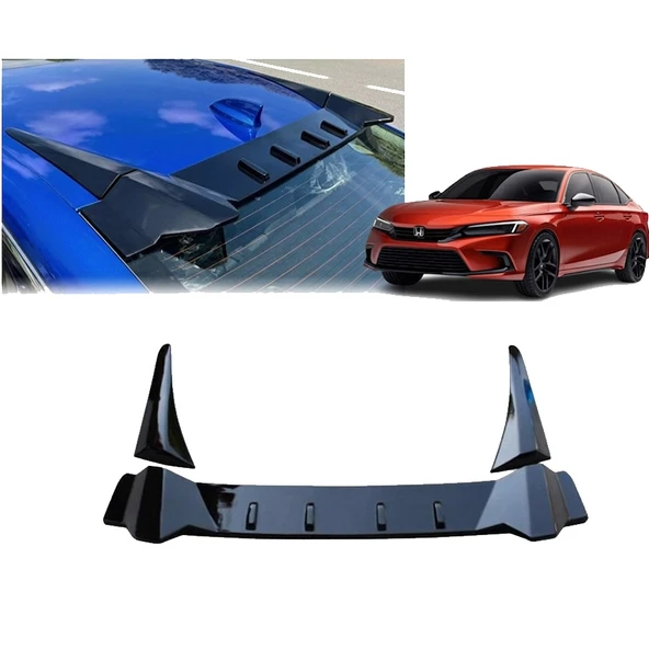 Honda Civic FE1 2022 ve Sonrası Uyumlu Cam Üstü Spoyler Parlak Siyah Piano Black 3 Parça ürün görseli 1