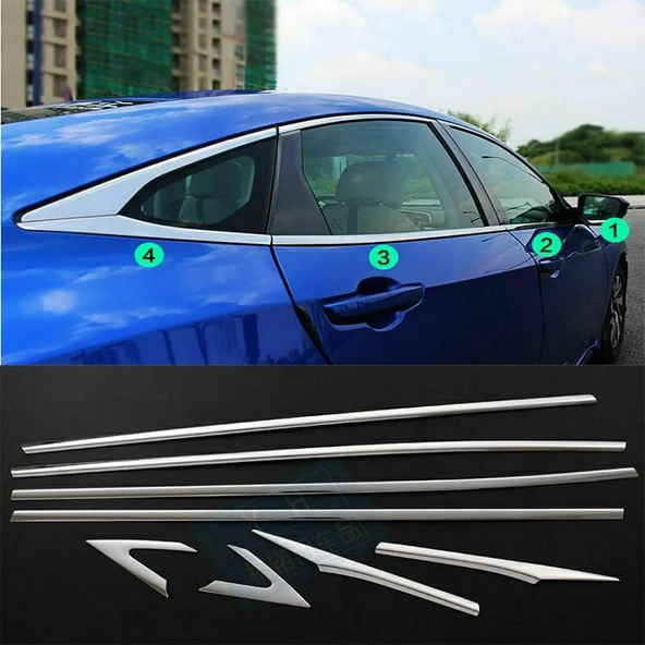 Honda Civic FC5 2016-2021 Uyumlu Paslanmaz Krom Alt Cam Çıtası 8 Parça ürün görseli 1