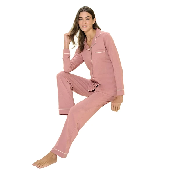 Over Sleep 3305 Kadın Uzun Kol Modal Önden Düğmeli Pijama Takım (M-L-XL-XXL) ürün görseli 1