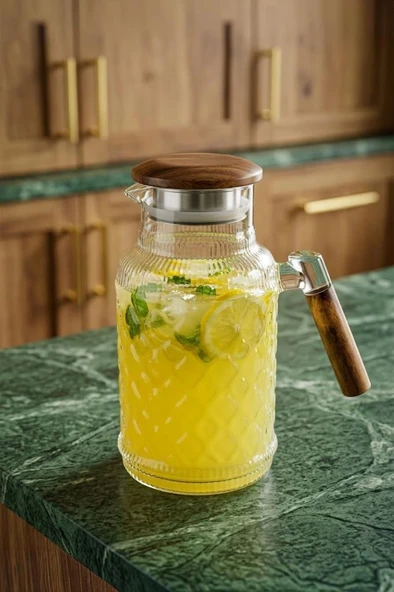 Atbyhome Akasya Kulplu ve Kapaklı Kristal Kesim Cam Sürahi 1800 ml ürün görseli 1