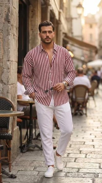 Erkek Dikey Çizgili Yarım Oversize Gömlek ürün görseli 1