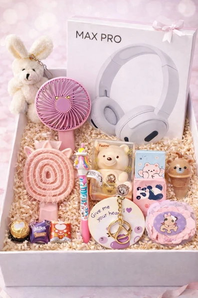 Kız Çocuk Hediye Seti (5-12 Yaş) Kulaklık, Mini Fan, Ayıcık Lip Balm & Çikolata -12 Parça Full Set ürün görseli 1