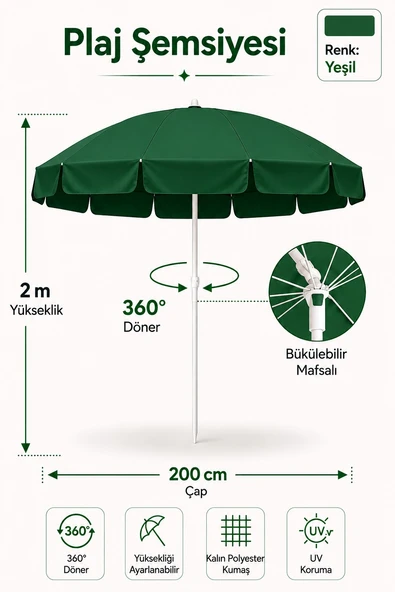 Yeşil Plaj Şemsiyesi 200 cm çap /10 telli, Polyester Kumaş ürün görseli 1