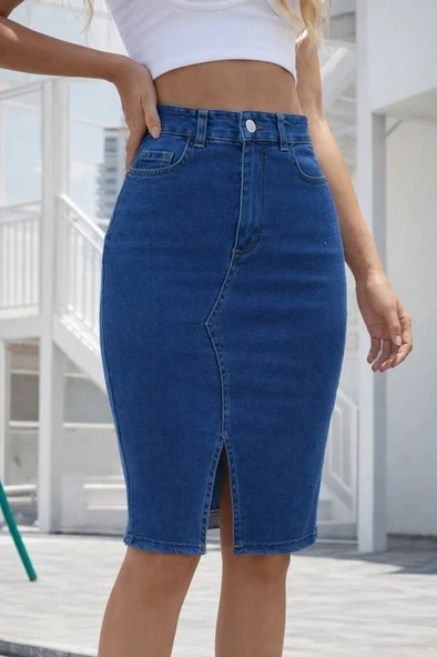 Kadın Yüksek Bel önden Yırtmaçlı Kısa Kot Etek ürün görseli 1