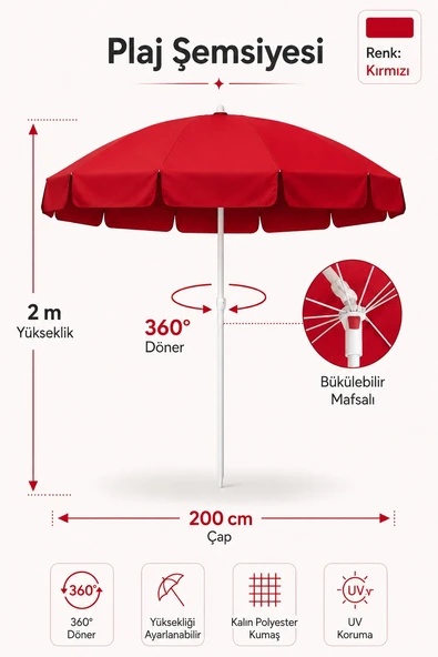 Kırmızı Plaj Şemsiyesi 200 cm çap /10 telli, Polyester Kumaş ürün görseli 1