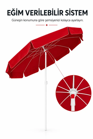 Kırmızı Plaj Şemsiyesi 200 cm çap /10 telli, Polyester Kumaş - Resim 2