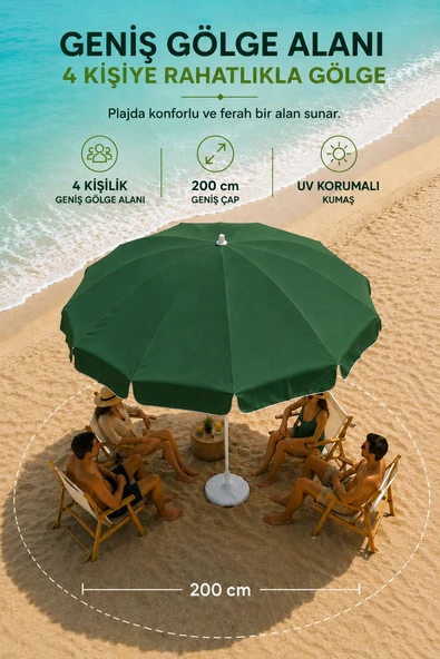 Yeşil Plaj Şemsiyesi 200 cm çap /10 telli, Polyester Kumaş - Resim 7