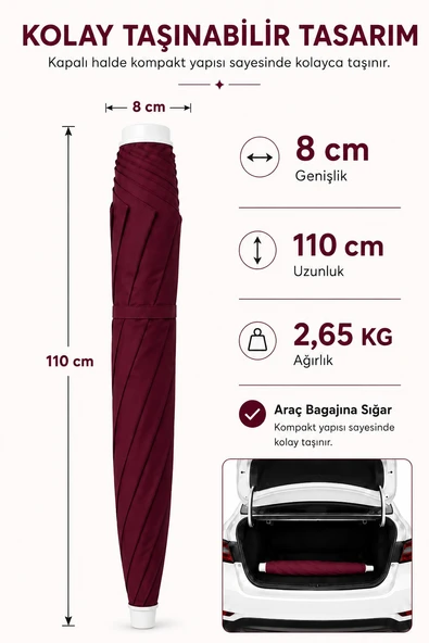 Bordo Plaj Şemsiyesi 200 cm çap /10 telli, Polyester Kumaş - Resim 4