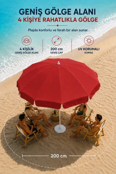 Kırmızı Plaj Şemsiyesi 200 cm çap /10 telli, Polyester Kumaş - Resim 7