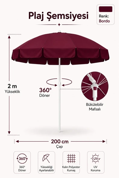 Bordo Plaj Şemsiyesi 200 cm çap /10 telli, Polyester Kumaş ürün görseli 1