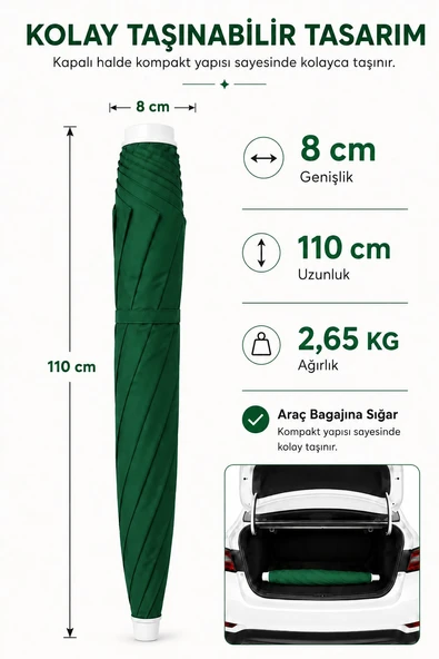 Yeşil Plaj Şemsiyesi 200 cm çap /10 telli, Polyester Kumaş - Resim 3
