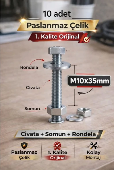 akatsuki Paslanmaz Çelik civata + Somun + Rondela Seti (M10x35mm) _ 10 Adet ürün görseli 1