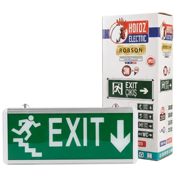 Horoz Robson 3W 160 Lümen Şarjlı Acil Merdiven Aşağı Çıkış Exit Levhası (2'Li Paket) ürün görseli 1