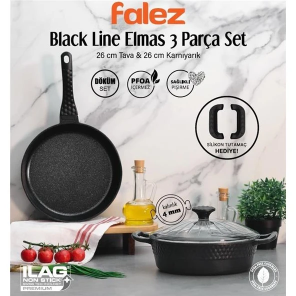 Falez Black Line Elmas 3 Parça Döküm Set 26 CM TAVA +26 KY TENCERE ürün görseli 1