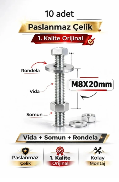 akatsuki Paslanmaz Çelik civata + Somun + Rondela Seti (M8x20mm) _ 10 Adet ürün görseli 1